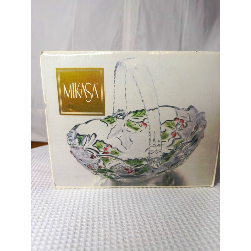 Mikasa Clear Art Glass Holly Hand Painted Handled Decorative Basket w/ Box